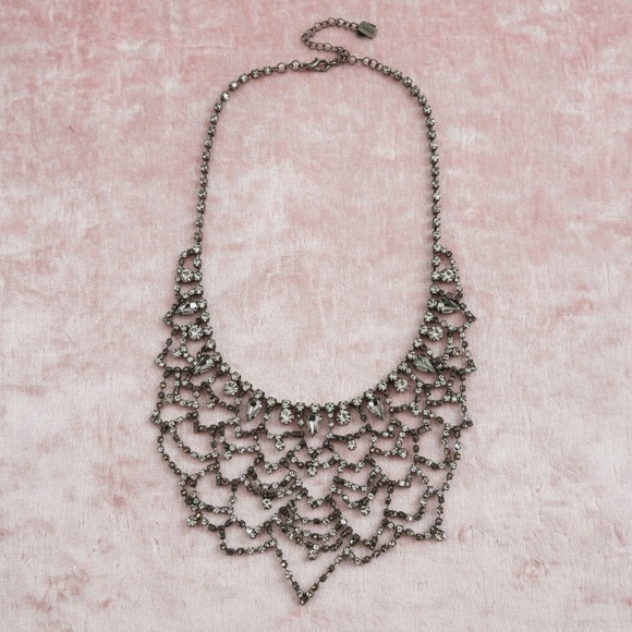 Vintage Rhinestone Bib Necklace, Sparkly Clear Crystal Statement Necklace - Picture 1 of 15